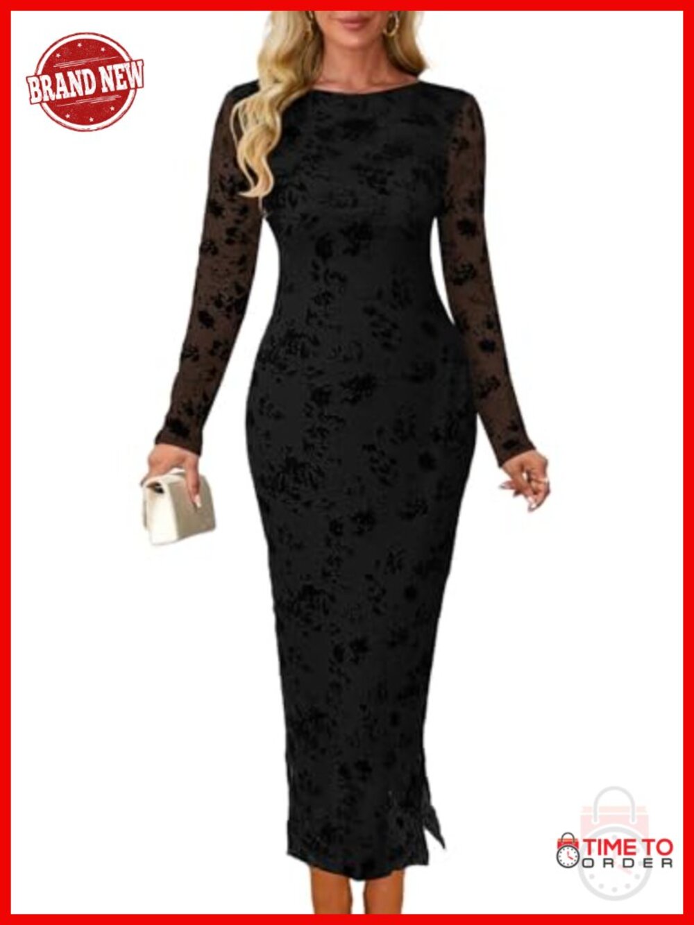 MITILLY Long Sleeve Bodycon Midi Dress Sheer Mesh Wedding Guest